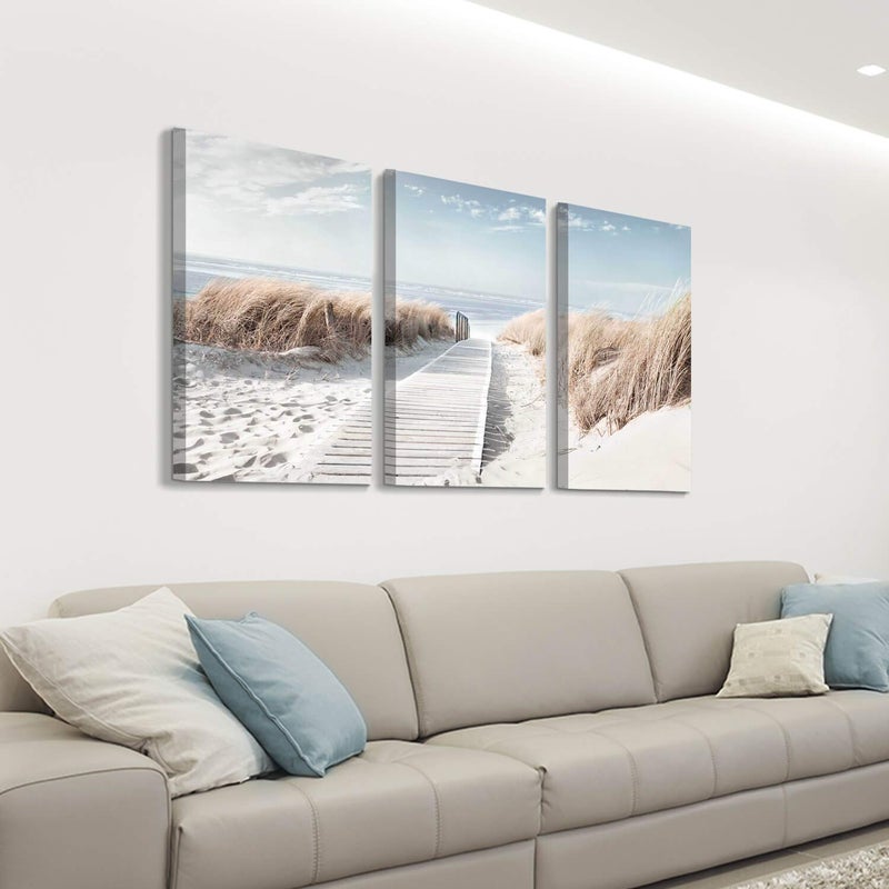 Hardy Gallery Beach Scene Picture Coastal Painting: Oceanside Sea Grass Trail Artwork on Canvas Print for Office(26''x16''x3pcs) - Image 3
